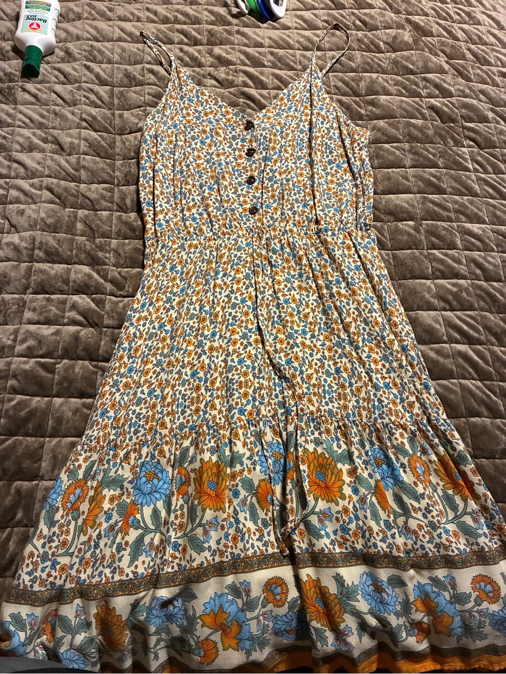 Bohemian Floral Tiered Midi Dress in Cream, Blue & Orange